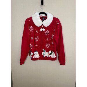Shaver Lake XL Red Christmas Cardigan Snowflakes Faux Fur Collar Polar Bear